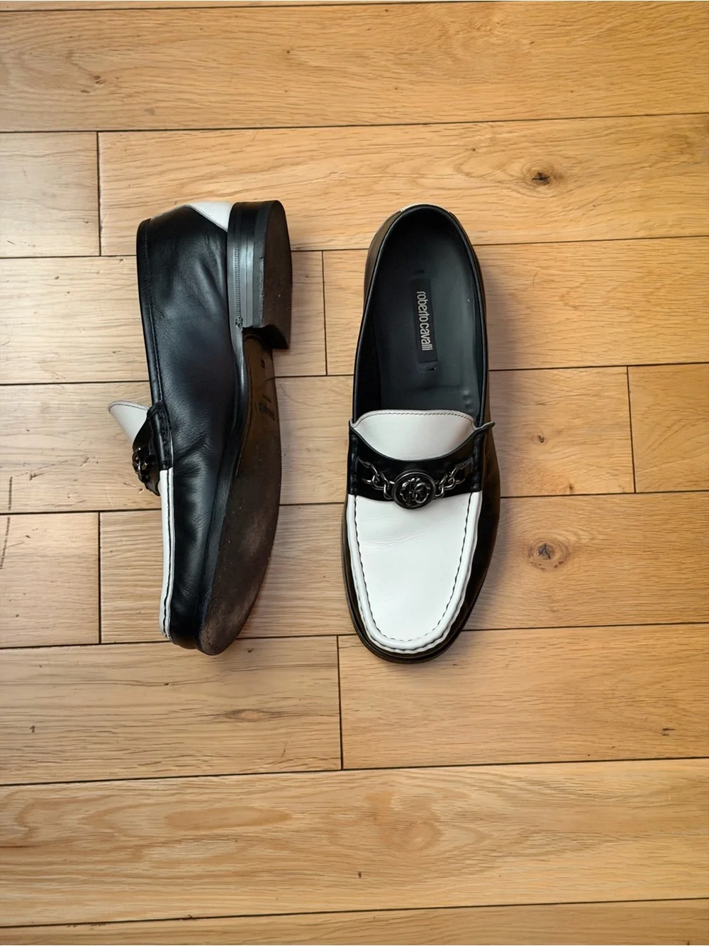 Roberto Cavalli Black and White Leather Loafers